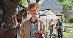 Face, tablet and woman with greenhouse, harvest or fresh produce for stock take. Sustainability, agriculture and farmer for quality control, vegetable growth and organic, natural or healthy food