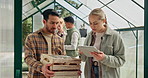 Vegetables, man and woman with tablet, harvest and connection with nature, food or nutrition. People, greenhouse or employees with tech, quality control or inspection with organic produce and talking