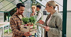 Vegetables, man and woman with tablet, greenhouse or internet with nature, food or nutrition. People, agriculture or employees with tech, quality control or inspection with harvest or organic produce