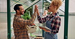 Vegetables, man and woman with tablet, high five or connection with nature, food or support. Harvest, greenhouse or nutrition with tech, quality control or inspection with teamwork or organic produce