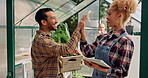 Vegetables, tablet and business people with high five. teamwork or connection with nature, food or nutrition. Agreement, greenhouse or employees with tech, quality control or support with agriculture