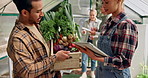 Vegetables, man and woman with tablet, agriculture and connection with nature, talk or nutrition. People, greenhouse or employees with tech, quality control or inspection with harvest or environment