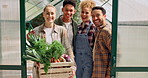 Group, people and vegetables in crate at farm, greenhouse or face for harvest with diversity at small business. Women, men or happy for basket, produce or community for organic agriculture in England