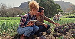 Tablet, agriculture and farmers with field, vegetables or fresh produce discussion. Sustainability, harvest and people with teamwork, research and organic, natural or healthy food conversation