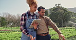 Tablet, harvest and farmers with field, vegetables or fresh produce discussion. Sustainability, agriculture and people with discussion, research and organic, natural or healthy food conversation