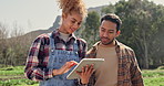 Tablet, research and farmers with field, vegetables or fresh produce discussion. Sustainability, agriculture and people with collaboration, harvest and organic, natural or healthy food conversation