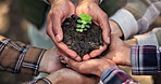 Hands, seedling and soil with nature, support and hope for sustainability and farm future. People, environment and plant for collaboration, accountability and ecology development or farming practice