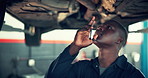 Mechanic, inspection and pipe with black man and car in auto repair shop for diagnostic system, transport or calibration. Engineering, maintenance or motor technician with person in garage workshop