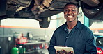 Car, tablet and face with black man and repair in mechanic shop for diagnostic test, transport or calibration. Engineer, maintenance or technician with portrait of person in garage for inspection