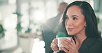 Business, woman and smile with coffee in office for company, career or beverage in morning. Happy, journalist and thinking with warm drink at work for creative job, productivity or brainstorming idea