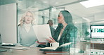 Glass, business people and women with documents, computer and conversation in modern office. Employees, consulting agency and coworkers with paperwork, pc and internet with planning and brainstorming