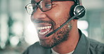 Black man, call centre and headset for consulting in office, technical support and talk to customer. Male person, workplace and speaking to client, hotline operator and online for telemarketing