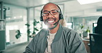 Black man, call centre and headset for consulting face, technical support and customer service. Male person, office and agent laughing in portrait, hotline operator and lens flare for telemarketing