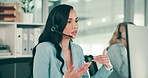 Call center, woman and talking on microphone with computer for technical support and customer service. Telemarketing, agent and headset for client advisory, CRM advice and assistance at office desk