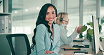 Call center, woman and happy with microphone at computer for technical support, customer service and help desk. Telemarketing portrait, agent or headset for client advisory, CRM advice and assistance