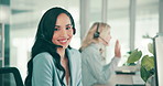 Call center, woman and smile with headset at computer for technical support, customer service and help desk. Telemarketing portrait, agent or microphone for client advisory, CRM advice and assistance