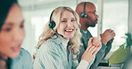 Call center, face and businesswoman with computer for consulting, support and telemarketing in office. Coworking, happy advisor and portrait with headset for listening, customer service and helping