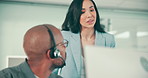 Call center, business people and discussion with computer for advice, support and telemarketing in office. Team, female mentor and male advisor with solution for customer service, ideas and headset