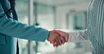Office, closeup and business people with handshake for agreement, partnership or success for negotiation. Boardroom, teamwork and employees with shaking hands for welcome, promotion or corporate deal