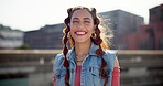 Girl, smile or makeup with fashion in city for streetwear, trendy style or festival outfit aesthetic. Woman, person or laughing portrait on bridge in town with cosmetics, edgy hairstyle or confidence