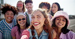 Selfie, social media and face with people in city for , influencer, fashion and streaming. Post, profile picture and gen z with group portrait of friends for subscription, viral and photography pov