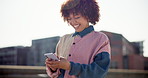 Smile, typing and woman with smartphone, outdoor and internet with buildings, connection and mobile user. New York, person and girl with cellphone, texting and social media with contact and chatting