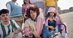 People, fashion and diversity with clothes for style, outfit and accessories as student in city. Friends, group and portrait with confidence, posing or together for project as stylist or artist in UK