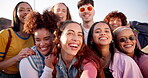 Friends, people and influencer group with smile selfie in city for social media post. Face, portrait and cool style for content creation with gen z, community and diversity with urban hip hop on road