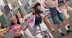 Dance, group and people on bridge in city with hip hop routine practicing for flash mob. Happy, freedom and dancers with freestyle, groove or choreography in street with rhythm in urban town.