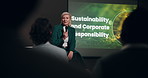 Speech, sustainability and future with woman at seminar for conference, environment and expo. Panel forum, keynote speaker and climate change showcase with person for ngo summit and presentation