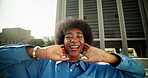 Black girl, happy and fashion outdoor in city with freedom, energy and street style with confidence. Woman, person and portrait with smile in urban town with edgy outfit, satisfaction and adventure