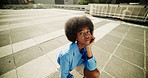 Black woman, fashion and afro in city with style, confidence or photography for social media. Girl, portrait or streetwear in Nigeria with natural hair, trend setter or content creation for followers