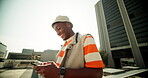 Smile, black man and typing with phone outdoor for reading funny meme, social media and communication. Happy, person and scroll with mobile of online blog, streaming video and texting contact in city