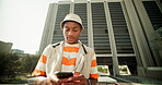 Black man, typing and serious with phone outdoor for reading email, social media and communication. African, person and scroll with mobile of online blog, streaming video or texting contact in urban
