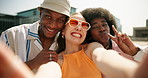 Happy people, friends or pov with selfie in city for fashion, photography or outdoor memory together. Portrait, group or influencer with smile, emoji or love for picture or style in an urban town