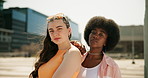 Friends, gen z and student with face of women in city for youth, culture and Identity. Empowerment, fashion and cool with portrait of people in urban downtown for vacation, trends or streetwear style