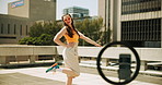 Dance, live streaming and woman for social media with fashion, influencer or content creator hobby. Outfit, spin and video broadcast with fun girl in city for review post or film on mobile app
