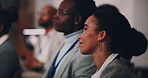 Speech, audience and auditorium with woman at seminar for conference, symposium and networking expo. Panel forum, keynote speaker and business innovation showcase with person listening at live summit