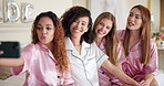 Selfie, wedding and bride with friends in hotel room for getting ready together for ceremony. Happy, bonding and woman with bridesmaids for photography picture preparing for romantic celebration.