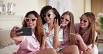 Selfie, wedding party and bride with friends in hotel room for getting ready together for ceremony. Happy, engagement ring and woman with bridesmaids for photography picture preparing for love event.