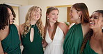 Happy women, bride and laughing with wedding dress for love, embrace or support together at home. Young, female person or group of friends with smile for bridesmaids or celebration on special day