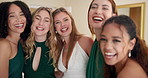 Happy women, bride and memory with wedding dress for selfie, photography or moment together before big day. Portrait, female people or group of friends or bridesmaids with smile for picture at venue