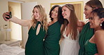 Happy women, bride and picture with wedding dress for selfie, photography or moment together before big day. Young, female people or group of friends or bridesmaids with smile for memory at venue