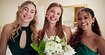 Happy women, bride and friends with bouquet of flowers for marriage, commitment or big day in wedding dress. Portrait, bridesmaids or female people with smile for support, beauty or elegance at house