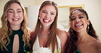 Happy women, bride or laughing with friends or bouquet of flowers for marriage, commitment or big day in wedding dress. Portrait, bridesmaids or female people with smile for support together at house