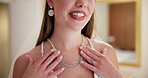 Hands, woman and happy as bride for necklace as wedding gift, present and surprise. Female person, smile and satisfied with jewelry or diamond for romance, anniversary and event with celebrating love