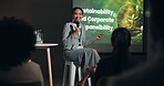 Speech, sustainability and presentation with woman at seminar for conference, environment and expo. Panel forum, keynote speaker and climate change showcase with person for ngo summit and tradeshow 