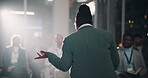 Back, conference and speech with business woman at public speaking event for coaching or seminar. Explain, meeting and tradeshow with speaker at convention for development, presentation or training