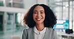 Business woman, face and corporate worker with office, confidence and project development. Portrait, proud and entrepreneur for company, management and female employee with mission, smile or ambition