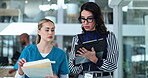 Business, woman and nurse with documents in hospital for healthcare management and medical administration. Medicine, clinic hr manager and talking to person for patient schedule or diagnosis feedback